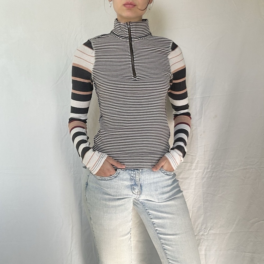 Free People Avery Zip Up Striped Knit Top Size S Boho Indie Grunge 90s